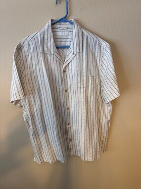 Lucky Brand Casual Short-Sleeve Button-Down Shirt in White with Navy Stripes